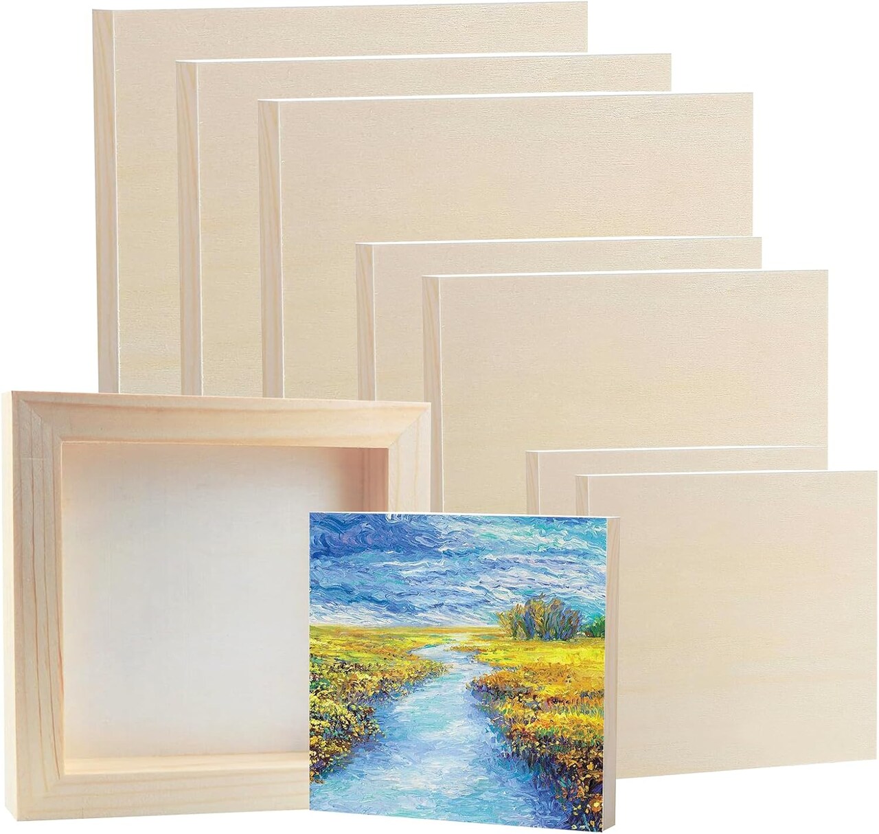 9 Pack 3 Sizes Wooden Canvas Boards Unfinished Wood Canvas Panels Kit, Blank Square Wood Panels for Painting, Drawing, Pouring Art, Burning and DIY Crafts Projects (4’’, 6’’, 8’’)